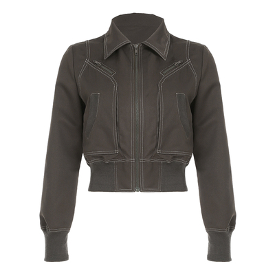 WEEKEEP 街头复古翻领拉链开衫夹克女2025秋季帅气收腰百搭短外套