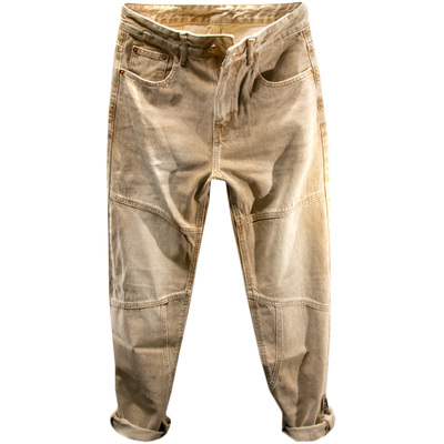 三古木棉高端大码卡其色直筒牛仔裤男春秋款宽松长裤子男设计感