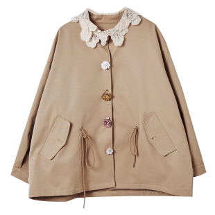 宝诗黎蝙蝠袖钉钻抽绳外套2026春季韩版宽松休闲大码短款收腰风衣