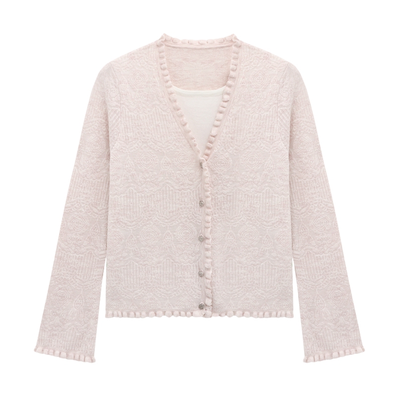 Basic House/百家好拼接磨毛边假两件撞色设计2025秋冬针织开衫女