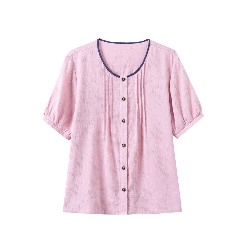 夏季圆领短袖衬衫女宽松纯棉