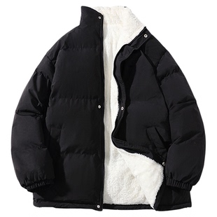 情侣棉衣男女同款潮牌羊羔绒棉服加绒冬季短款立领面包服加绒棉袄