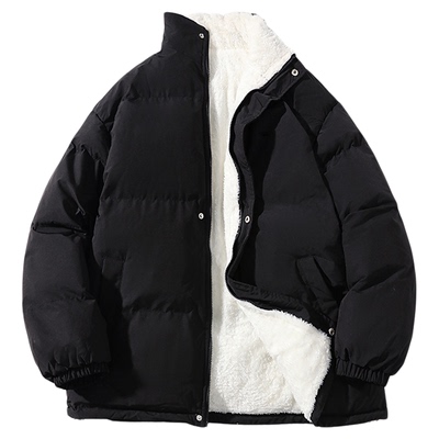 情侣棉衣男女同款潮牌羊羔绒棉服加绒冬季短款立领面包服加绒棉袄