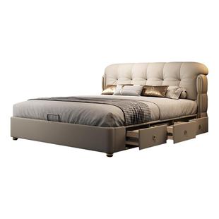 高级感豪华头层牛皮现代简约轻奢主卧真皮双人大床齐边实木三抽屉