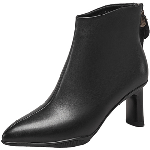 意尔康真皮时装靴女2025冬显瘦气质高跟踝靴尖头加绒皮靴短靴黑色