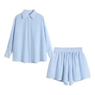 walkingChic蓝色条纹宽松长袖衬衫套装休闲度假海边泳衣外套防晒