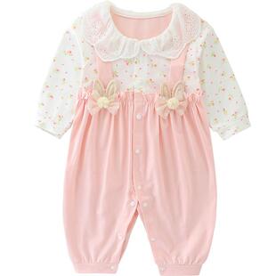 婴儿衣服春装女宝宝连体衣夏季薄款短袖新生儿百天满月服公主哈衣