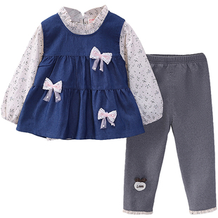 女童牛仔马甲春秋装三件套2026宝宝春秋穿搭一整套洋气时髦公主风