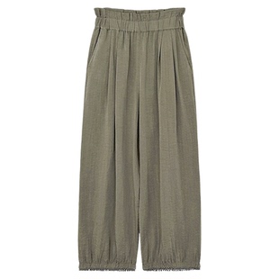 【茶烟旧色】chao凉快 人棉亚麻哪吒裤 全松紧腰 彩虹条纹苔藓绿