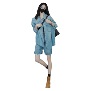 街头风牛仔衬衫女早秋薄款外套时髦短裤宽松中长款上衣炸街两件套