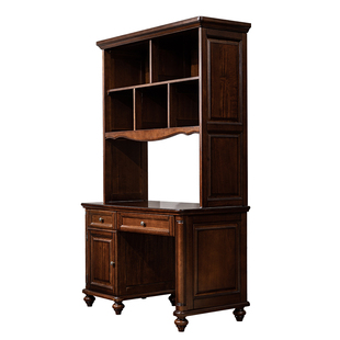 美式全实木书桌带书架一体电脑桌书柜组合卧室写字台家用书房家具