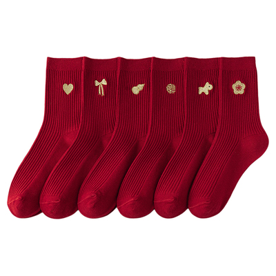 本命年红袜子女纯棉秋冬季中筒袜