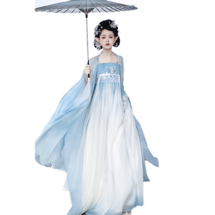 荨茉天青色 原创汉服女正品唐制诃子裙双层绣花大袖衫春夏新款