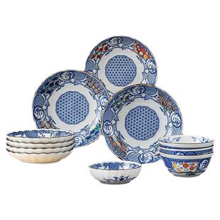 日本进口蓝染吉祥纹陶瓷餐具日式饭碗陶瓷餐盘高级感波浪边菜盘子