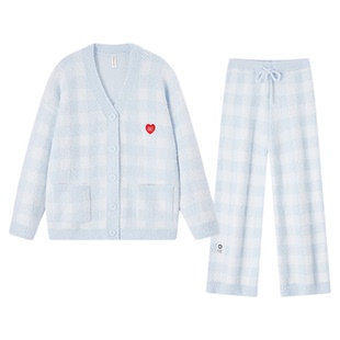 BE半边绒睡衣女冬季开衫珊瑚绒加绒加厚家居服套装秋冬款可外穿冬