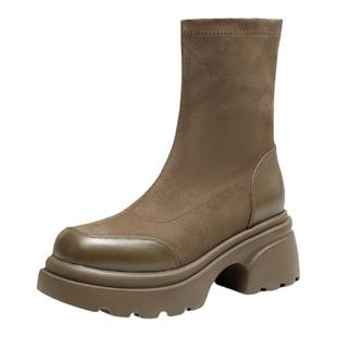 红蜻蜓厚底瘦瘦靴短靴女冬季新款女靴粗跟女鞋靴子加绒棕色弹力靴