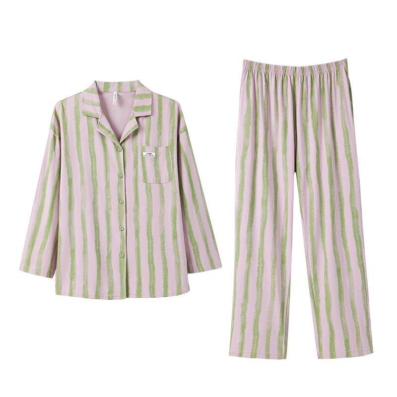安之伴新款春秋睡衣女款纯棉长袖休闲宽松条纹家居服套装居家服