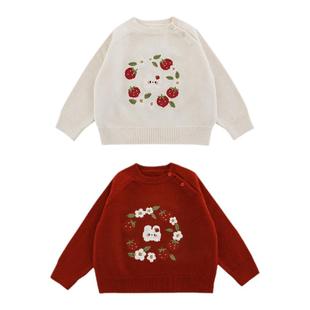 幼悠女童小兔子绣花毛衣冬季洋气可爱罗纹织边防风锁温圆领上衣潮