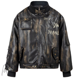 OV原创美式机车风PU皮衣棉服外套女冬季复古宽松多口袋重工棉衣男