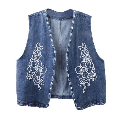 复古刺绣牛仔马甲女短款宽松
