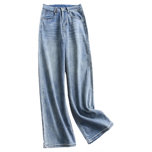 复古浅蓝高腰宽松直筒裤显腿长小个子阔腿裤百搭女裤牛仔裤W120