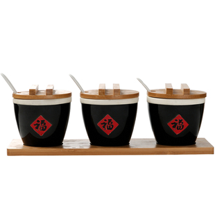 中式创意调味瓶商用厨房陶瓷福字缸带勺小调料盒盐辣椒福罐酱盐罐