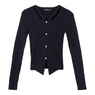 A21女装针织衫法式纯色V领长袖打底衫显瘦镂空上衣女薄款小众