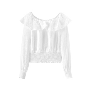 森马长袖衬衫女短款白色绣花浪漫秋2025新款荷叶边一字肩衬衣温柔