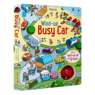 现货Usborne 繁忙的小汽车 Wind-Up Busy Car 英文原版 益智儿童发条玩具书轨道书 大开本纸板 含小汽车和4个轨道槽 亲子互动读物