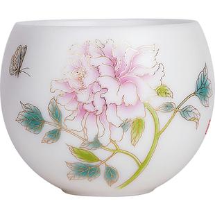 匠仙羊脂玉瓷主人杯单杯牡丹花女士高端个人专用陶瓷品茗杯送礼