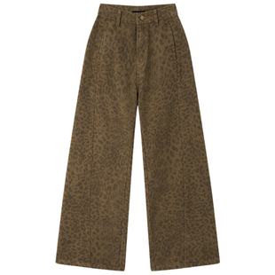 Halo Luu 美式豹纹阔腿牛仔裤女秋冬新款休闲裤子高腰显瘦直筒裤