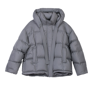 诗梦格雷灰色连帽短款羽绒服