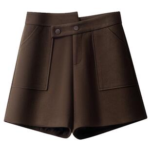 双排扣灰色毛呢短裤女秋冬2025新款高腰显瘦A字阔腿靴裤气质外穿