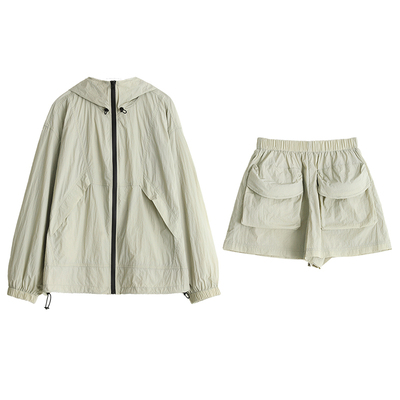 CV大码女装 初夏新款连帽工装防晒外套松紧腰短裤套装微胖穿搭女