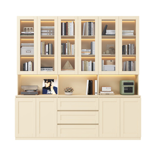 政补实木满墙组合书柜带玻璃门奶油风落地书架可定制客厅展示柜子