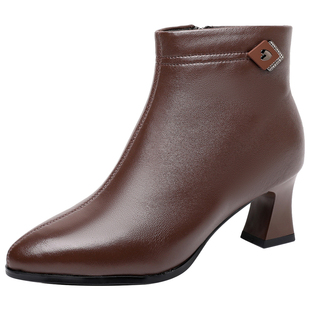 全羊皮法式粗高跟短靴尖头女靴2025秋季新款软底百搭时装靴真皮靴