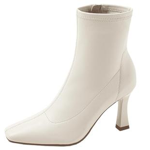 时装周同款康莉高跟短靴女冬季新款真皮法式方头瘦瘦靴黑色靴子