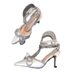 小众设计感法式高跟鞋2026新款尖头水钻蝴蝶结细跟性感绑带凉鞋女