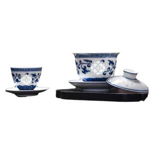 富玉官方陶瓷景德镇手绘青花玲珑瓷盖碗茶具套装轻奢高档礼盒送人