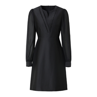 海青蓝 长袖连衣裙秋冬女2026新款纯色女装高级时尚气质中长款裙