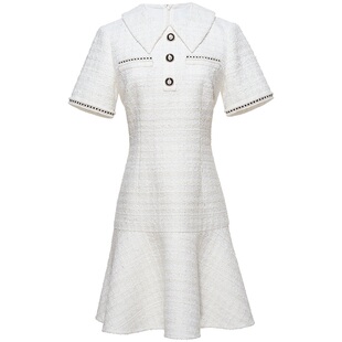 OBEG欧碧倩夏时尚小香风收腰连衣裙小尖领浅色系裙子50421516