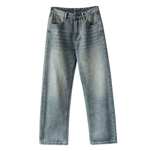 高级烫钻亮钻石美式高街水洗阔腿牛仔裤男士潮牌做旧宽松直筒长裤
