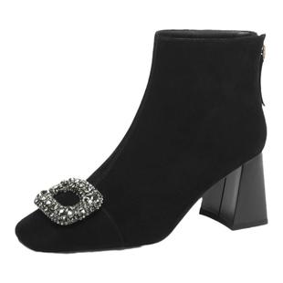 星期六黑色气质粗跟短靴加绒保暖女靴方扣水钻尖头高跟鞋瘦瘦靴子