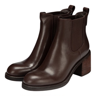 Hongkee/红科女靴2025秋冬新款女鞋牛皮粗跟切尔西短靴H075S422