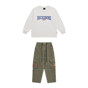 ROCKYROAD童装美式街头纯棉白色上衣工装裤套装 儿童街舞演出服春