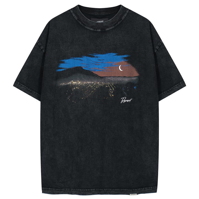 Represent复古夜景印花Vintage高街做旧美式休闲男女宽松短袖T恤