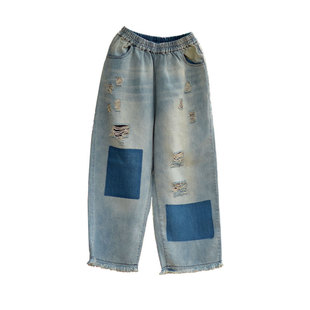 夏初秋新款原创亚麻牛仔撞色毛边九分休闲直筒裤乞丐裤破洞牛仔裤