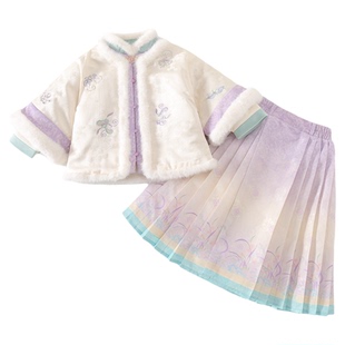 明制汉服女童冬装马面裙加绒加厚套装儿童中国风新中式新年拜年服