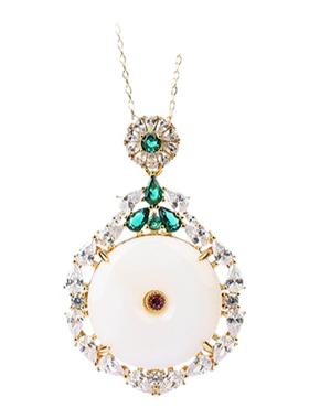 中国风铜镀金镶嵌白色仿玉石平安扣吊坠项链气质女士玉坠复古饰品