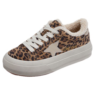 豹纹板鞋女款2025新款冬加绒小白鞋子女鞋百搭学生真皮厚底二棉鞋